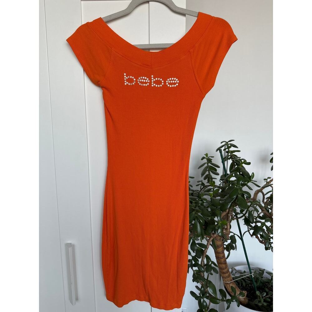 Bebe Logo Y2K Short Sleeve Logo Dress with Lace Up Back, XS, Dragon Fire Orange